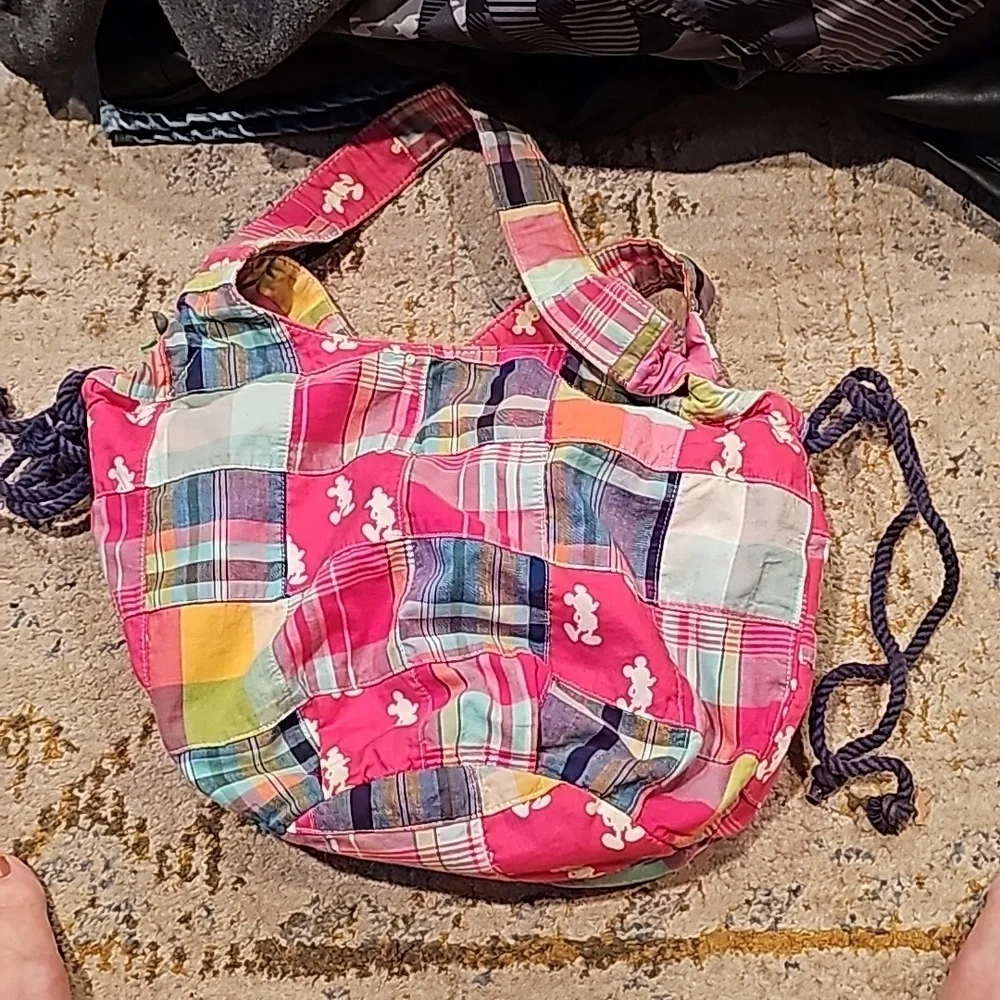 Disney Parks Pink Patchwork Mickey Mouse Hobo Madris Cotton Bag Purse